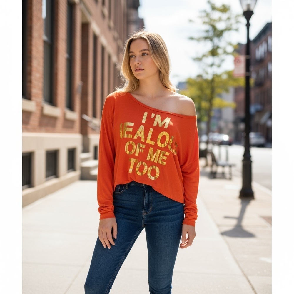 Orange Long Sleeve Boat Neck Crop Top
New